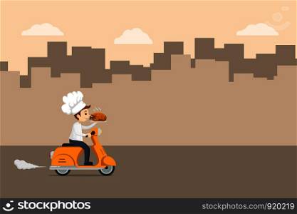 Illustration Food Delivery Chef Ride Motorcycle Service Cute character , Order many branches Worldwide Shipping , Fast and Free Transport , food express , vector cartoon shopping online