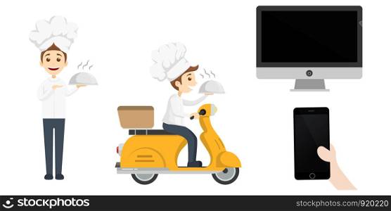 Illustration Food Delivery Chef Ride Motorcycle Service serve Cute character for Order food online , Fast and Free Transport food express , vector cartoon shopping online isolated on white background