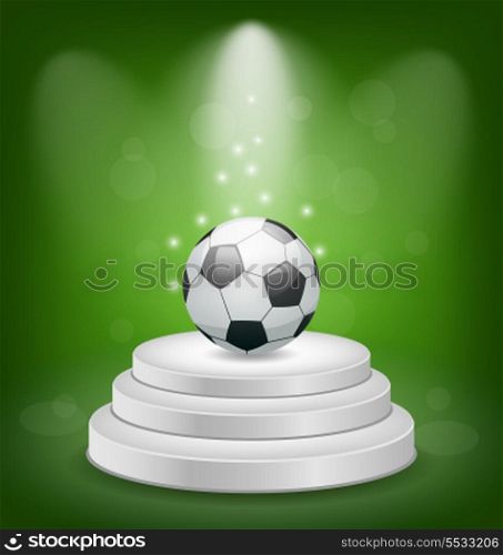 Illustration football ball on white podium with light - vector