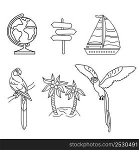 Illustration for lifestyle design. Travel set of doodles. Parrots, island and ship. Outline symbol collection.