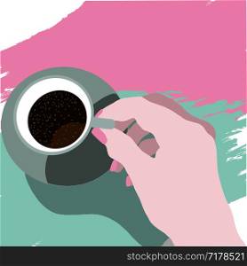 illustration for poster, advertisement, flayers. Cup of espresso top view. Female hand holding cup of coffee.. Cup of espresso top view. Female hand holding cup of espresso.