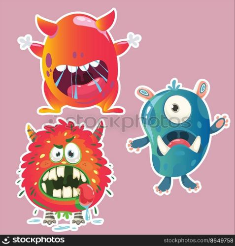 Illustration funny monsters set with ears tails, mouth and eyes