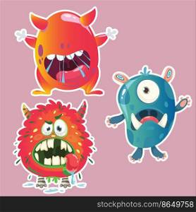 Illustration funny monsters set with ears tails, mouth and eyes