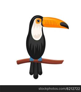 Illustration Funny Toucan Sitting on Branch, Exotic Bird Isolated on White Background - Vector