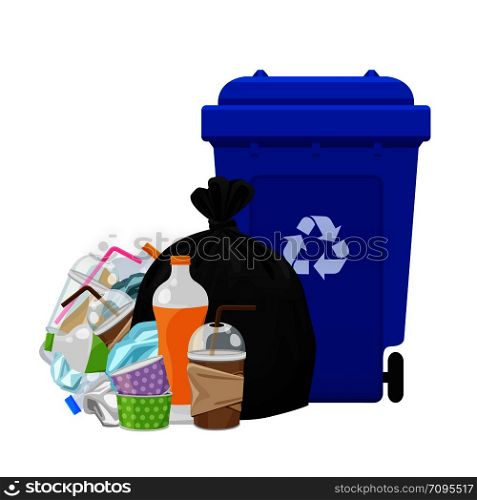 illustration garbage waste and bag plastic and blue recycle bin isolated on white, pile of plastic garbage waste many, plastic waste dump and bin blue, plastic waste and bin separation recycle