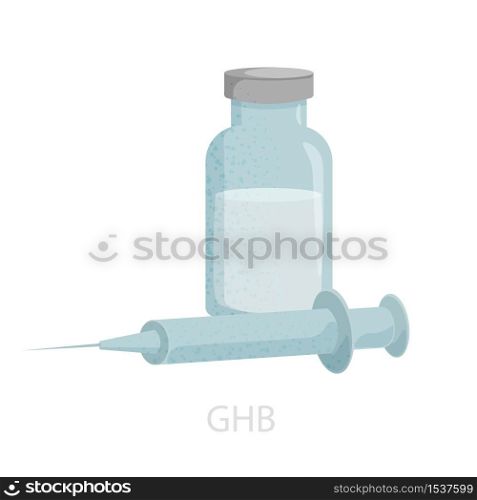 Illustration ghb, diluted in a bottle with a liquid, next to a syringe. Psychoactive drug, ecstasy for club parties. Vector graphics for mobile and web design.. Illustration ghb, diluted in a bottle with a liquid, next to a syringe