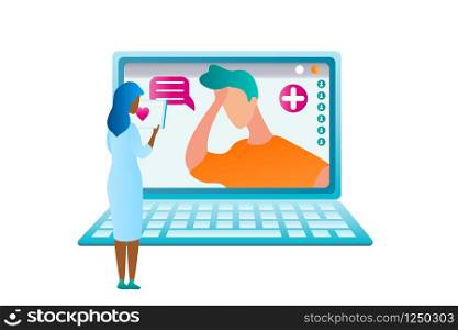Illustration Girl Doctor Examining Analysis Result. Vector Image Guy Sought Medical Assistance from Online Specialist. Woman Standing Laptop Prescribe Treatment for Patient. Modern Medicine Healthcare