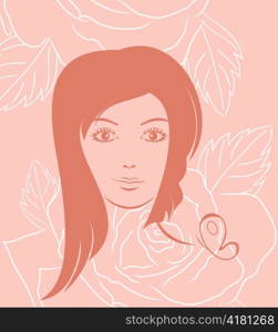 Illustration girl face portrait on rose background - vector