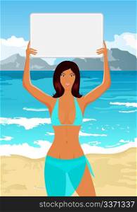 Illustration girl in bikini with banner on the beach - vector