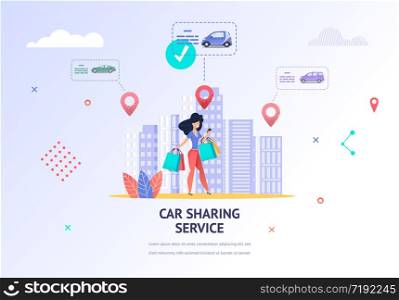 Illustration Girl Looking Nearest Location Car. Banner Vector Young Woman with Purchase Hand Using Car Sharing Service Mobile Application to Find Nearest Car Rental. Technical Specifications Transport