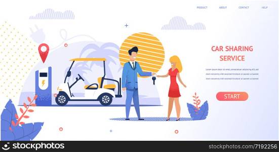 Illustration Girl Renting an Electric Beach Car. Banner Vector Man in Suit Employee Car Sharing Service Company, Give Girl Key to Transport. Charging Station for Car. Ecological Clean Vehicle