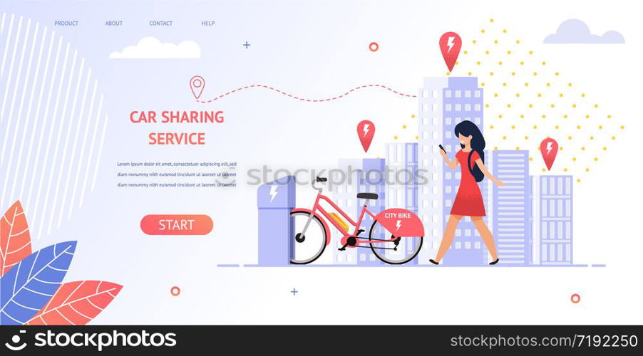 Illustration Girl Student Rent an Electric Bike. Banner Vector Young Girl Uses Mobile Application Car Sharing Service. Coming Location Parking Bike Standing on Charge. Transport Travel in City
