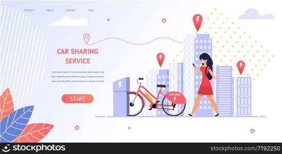 Illustration Girl Student Rent an Electric Bike. Banner Vector Young Girl Uses Mobile Application Car Sharing Service. Coming Location Parking Bike Standing on Charge. Transport Travel in City