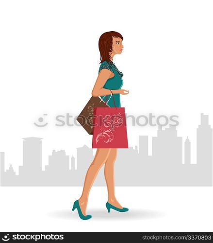 Illustration girl with purchases goes around city - vector