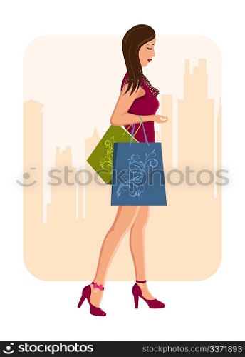 Illustration girl with shopping bags, urban background - vector