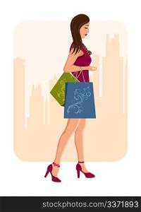Illustration girl with shopping bags, urban background - vector