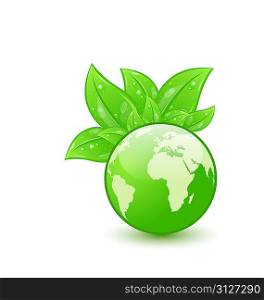 Illustration global planet and eco green leaves isolated on white background - vector