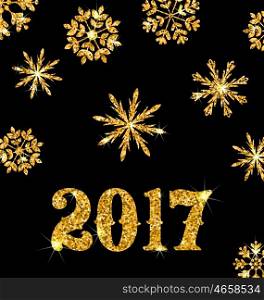 Illustration Golden Celebration Card for Happy New Year 2017 with Sparkle Snowflakes, Glittering Luxury Background - Vector