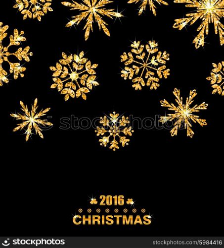 Illustration Golden Celebration Card with Sparkle Snowflakes, Glittering Luxury Background - Vector