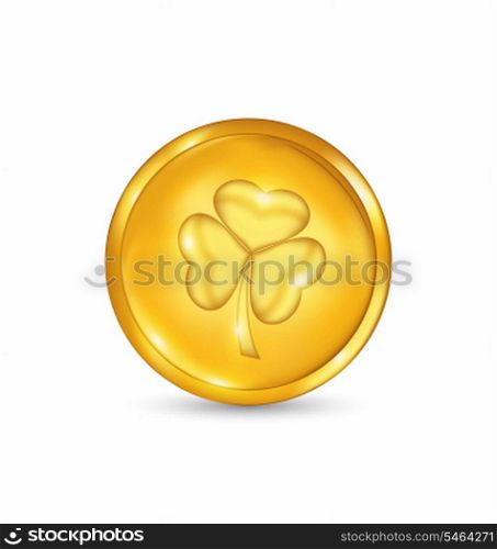 Illustration golden coin with three leaves clover. St. Patrick&rsquo;s day symbol - vector