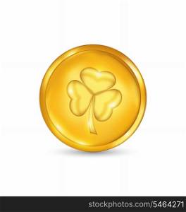 Illustration golden coin with three leaves clover. St. Patrick&rsquo;s day symbol - vector