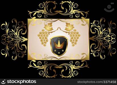 Illustration golden floral frame with grapevine, shield, crown - vector