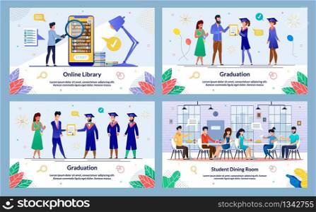 Illustration Graduation, Student Dining Room. Set Online Library. Students Uniform Accept Congratulations from Man in Suit Holding Diploma and Woman with an Insignia. Guy Holds Magnifier.