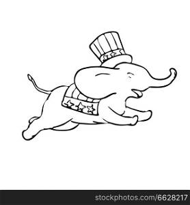 Illustration graphics showing a drawing of an elephant mascot wearing American stars and stripes flag top hat jumping on white background done in black and white.. Elephant Jumping Black and White Drawing 