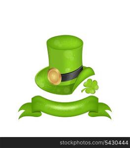 Illustration green hat, clover, ribbon in saint Patrick Day - isolated on white background - vector