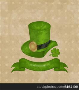 Illustration green hat, clover, ribbon in saint Patrick Day - vector