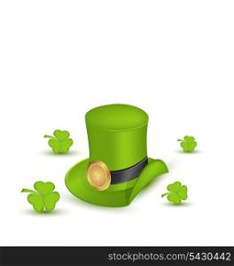 Illustration green hat with buckle with clovers in saint Patrick Day - isolated on white background - vector