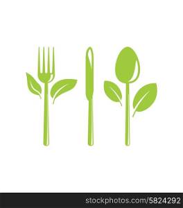Illustration Green Healthy Food Icon with Cutlery and Leaves - Vector