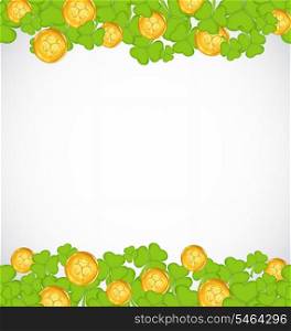 Illustration greeting background with shamrocks and golden coins for St. Patrick&rsquo;s Day - vector