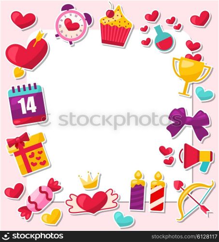 Illustration Greeting Card for Valentine&rsquo;s Day. Place for Your Text. Flat Valentine Icons, Heart with Crown, Gift Box, Candles, Sweet Cupcake - Vector