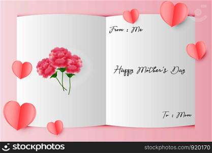 Illustration Greeting Card Happy Mother Day with paper heart and pink carnation , vector