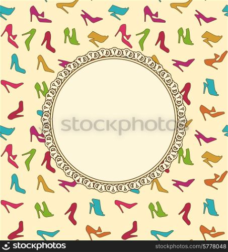 Illustration Greeting Card or Invitation with Women Shoes. Seamless Texture of Fashion Heeled - Vector