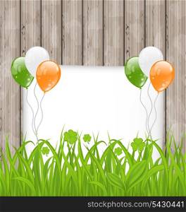 Illustration greeting card with grass and balloons in Irish flag color for St. Patrick&rsquo;s Day - vector