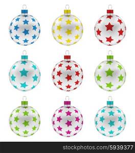 Illustration Group Christmas Colorful Glass Balls with Texture of Stars, Isolated on White Background - Vector