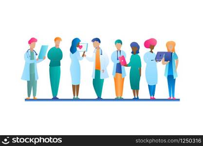 Illustration Group Doctor Talking Stands in Row. Vector Image Man and Woman Medical Clinic Worker. Online Patient Consultation Using Laptop and Tablet. Patient Case Study. Healthcare System