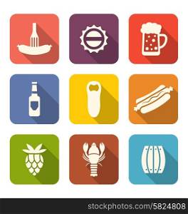 Illustration Group Minimal Colorful Icons of Beers and Snacks - Vector