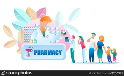 Illustration Group People Standing Line Pharmacy. Vector Image Man Shows Pharmacist Prescription Doctor to buy Medical Drug. Male Pharmacist in Uniform is Holding Pack Medicines in his Hand.