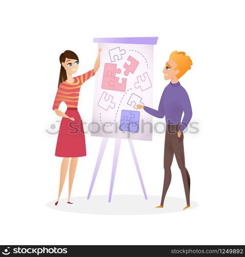 Illustration Guy and Girl are Planning Project. Vector Team Work on Puzzle Mapping on Whiteboard. Young Man and Smiling Woman Working Together on Project. Isolated on White Background