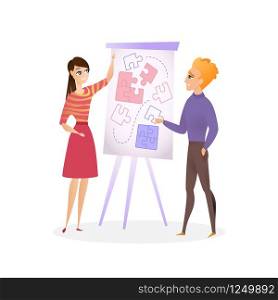 Illustration Guy and Girl are Planning Project. Vector Team Work on Puzzle Mapping on Whiteboard. Young Man and Smiling Woman Working Together on Project. Isolated on White Background