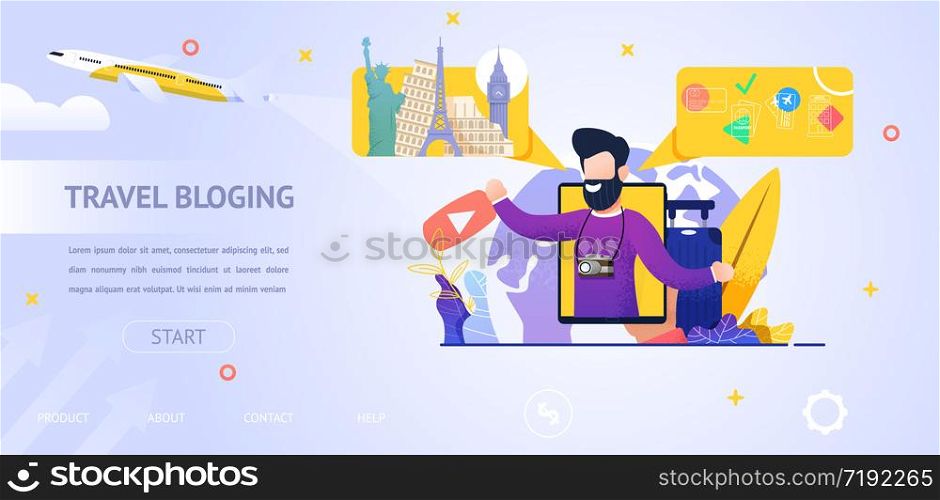 Illustration Guy Talk About Sights Countries World. Banner Vector Man on Tablet. View Online Travel Bloging. Studying Route Travel Another Country. Flight Plane. Trip Weekend. Information what to See