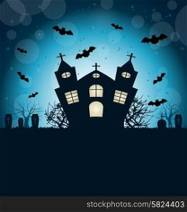 Illustration Halloween Abstract Background with Castle, Bats, Cemetery. Copy Space for Your Text - Vector