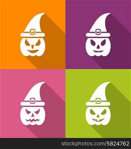Illustration Halloween Carving Paper Pumpkins with Hats, Long Shadow Style - Vector Illustration Halloween Carving Paper Pumpkins with Hats, Long Shadow Style - Vector