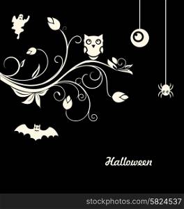 Illustration Halloween Flourish Dark Background with Owl, Ghost, Eye, Spider - Vector