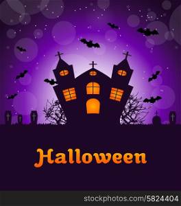 Illustration Halloween Greeting Card with Castle, Bats, Cemetery. Advertising Flyer for Party - Vector