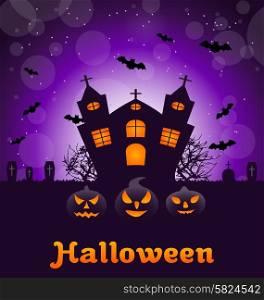 Illustration Halloween Nature Background with Castle, Pumpkins, Bats, Cemetery, Advertising Flyer - Vector