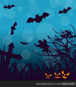 Illustration Halloween Outdoor Background with Scary Pumpkins - Vector